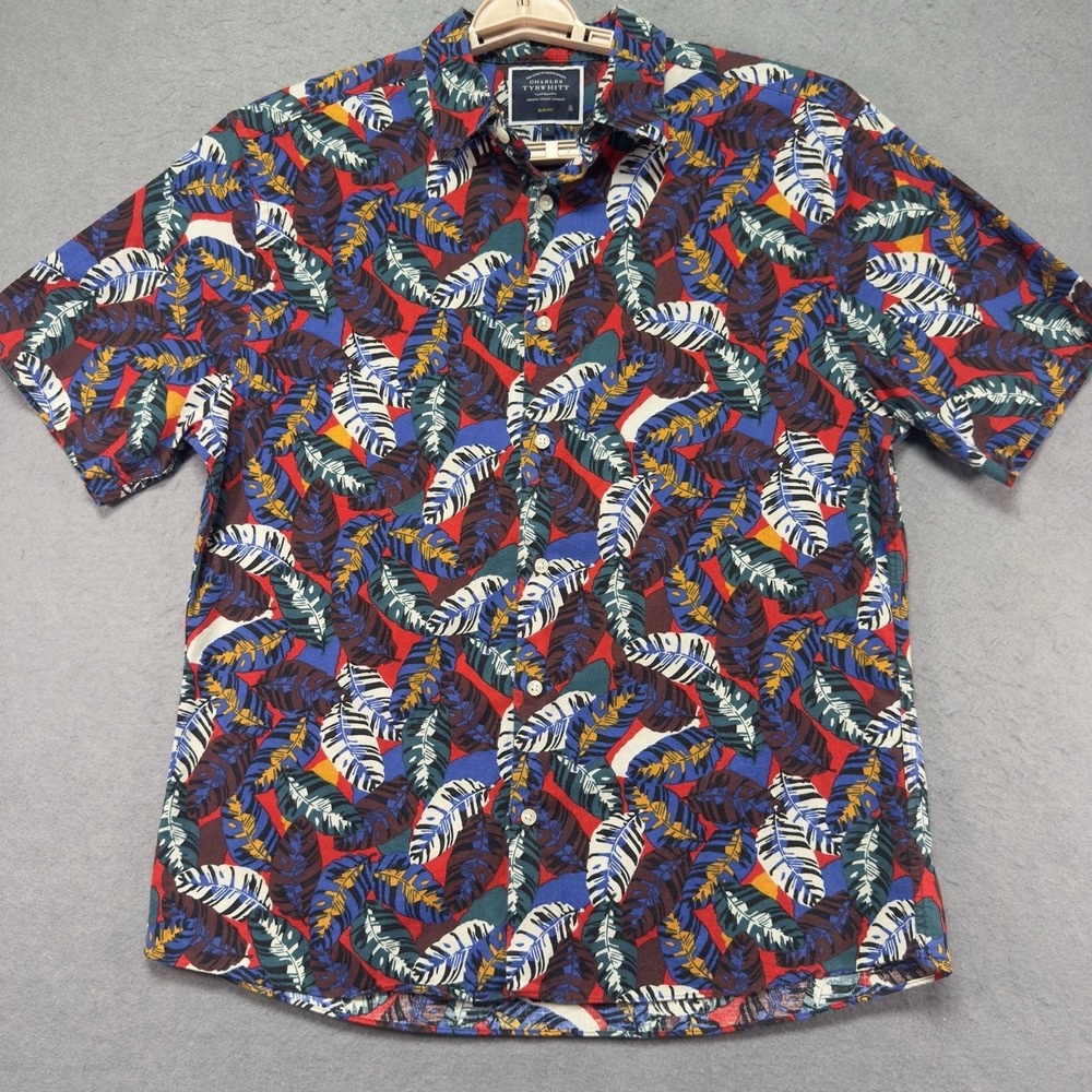 Charles Tyrwhitt Shirt Adult  Blue Multicolor Large Geometric Hawaiian Slim Fit